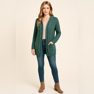 Green Wool Blend‎ Open Front Cable Knit Cardigan Sweater Pockets M/L